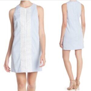 London Times Seersucker & Crochet Lace Shift Dress Sz 6 Blue & White 250C